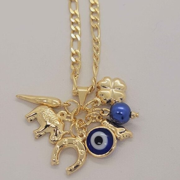 Jewelry - Brand New Brazilian 18k Gold Filled Blue Evil Eye w/ Lucky Charms Necklace